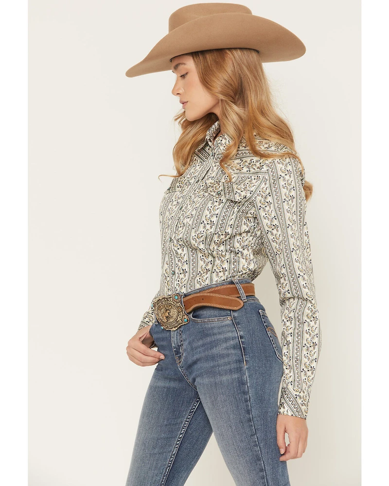 Shyanne Women's Paisley Wallpaper Print Long Sleeve Snap Stretch Western Shirt