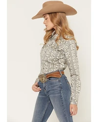 Shyanne Women's Paisley Wallpaper Print Long Sleeve Snap Stretch Western Shirt