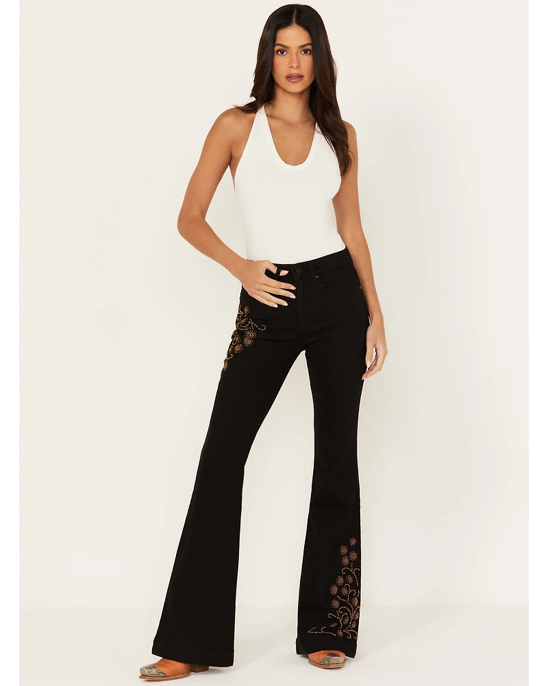 Shyanne Women's Sand Palm High Rise Embellished Flare Jeans