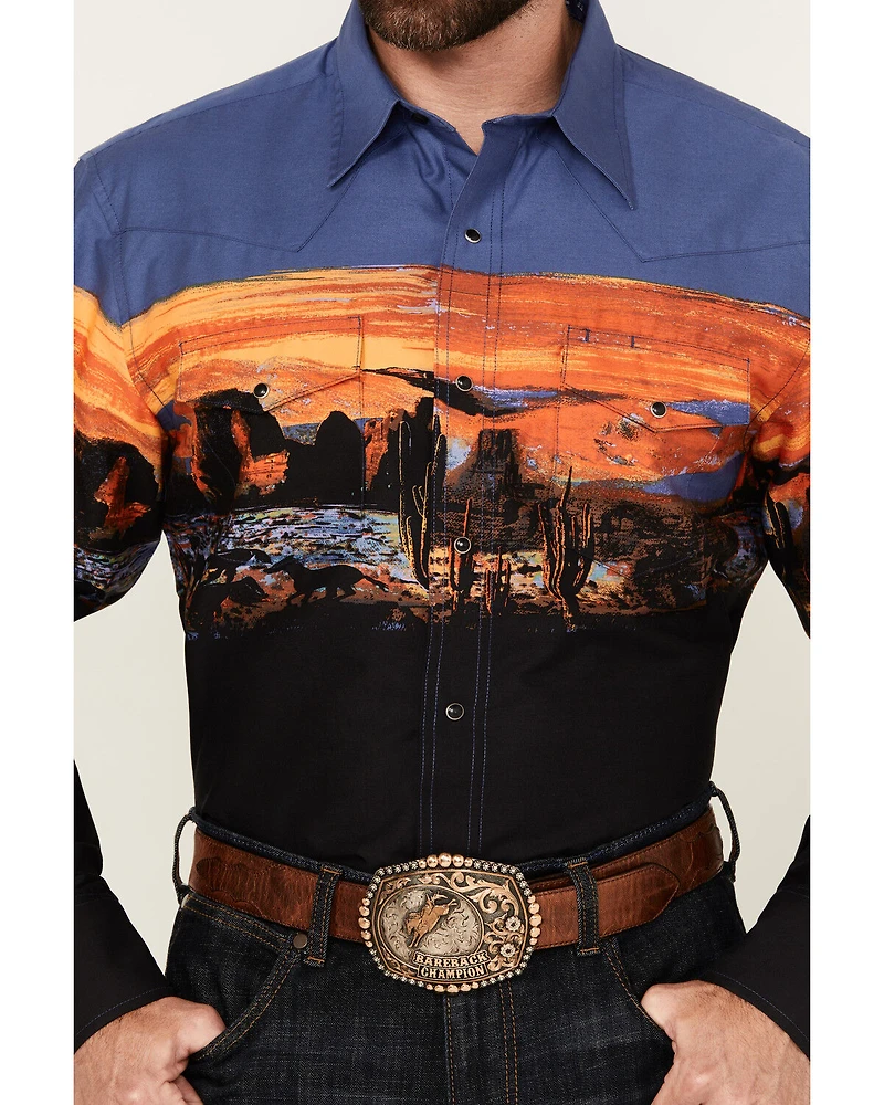 Wrangler Men's Checotah Border Print Long Sleeve Snap Western Shirt