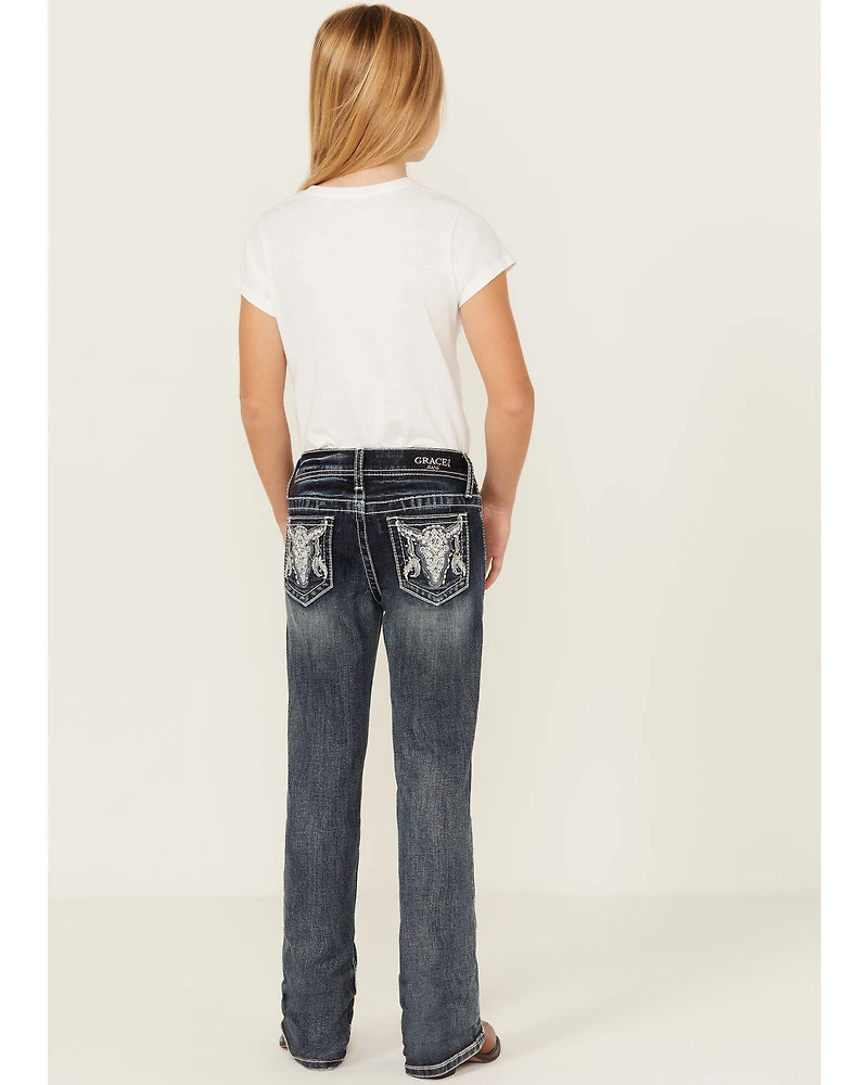 Grace LA Girls' Medium Wash Longhorn Skull Stretch Bootcut Jeans