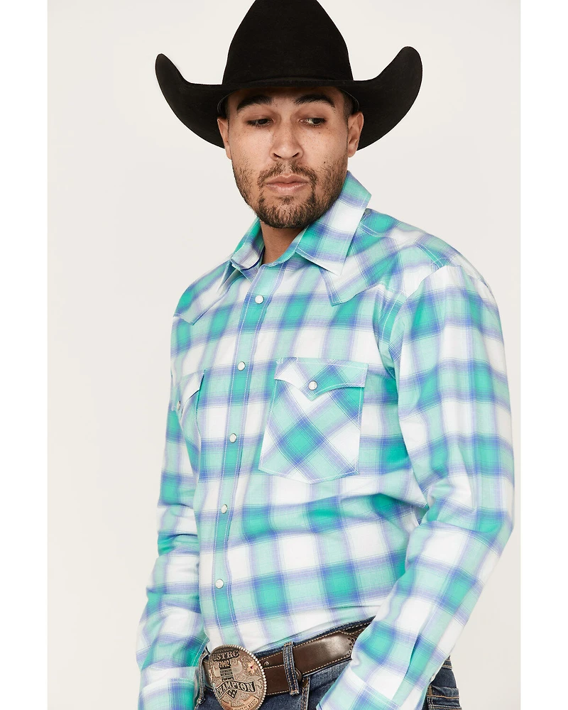 Rough Stock By Panhandle Men's Stretch Ombre Plaid Long Sleeve Pearl Snap Western Shirt