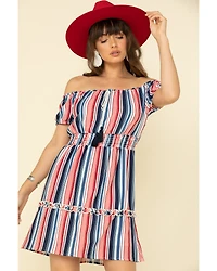 Rock & Roll Denim Women's Stripe Off The Shoulder Mini Dress