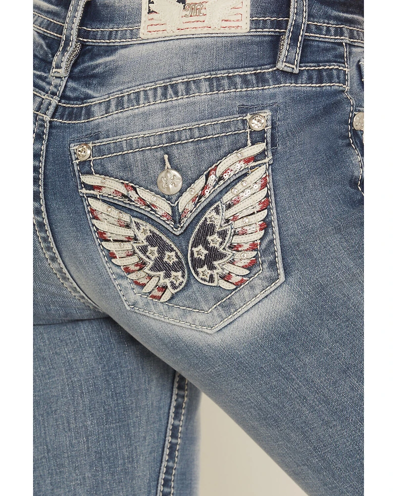 Miss Me Women's Medium Wash Mid Rise Americana Pocket 32" Bootcut Stretch Denim Jeans