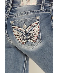 Miss Me Women's Medium Wash Mid Rise Americana Pocket 32" Bootcut Stretch Denim Jeans