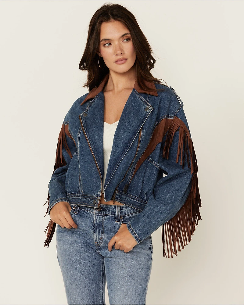 Rock & Roll Denim Women's Medium Wash Faux Suede Fringe Jacket