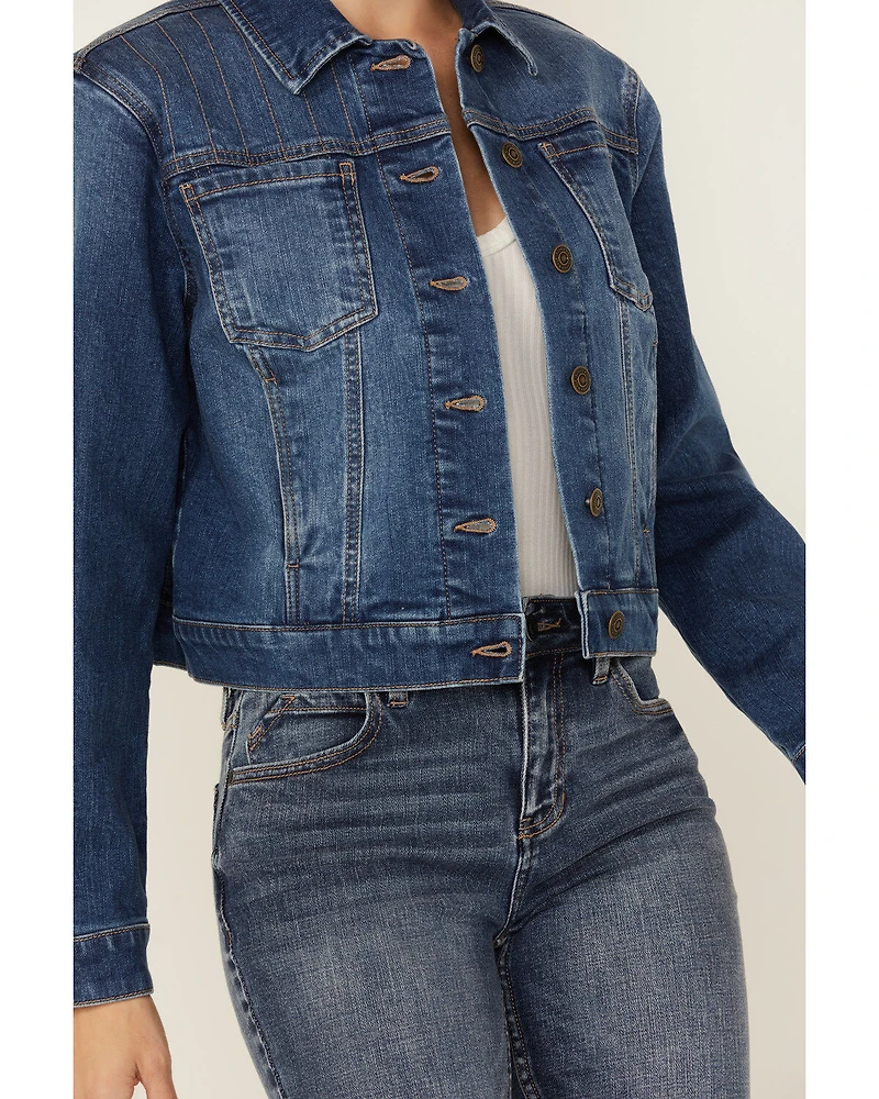 Cleo + Wolf Women's Medium Wash Patchwork Trucker Denim Jacket
