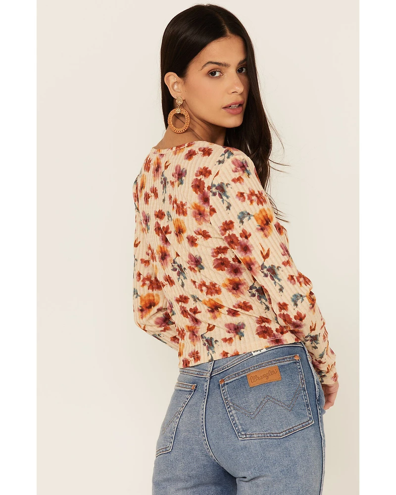 Wild Moss Women's Rust Long Sleeve Floral Button Cinch Front Knit Top