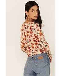 Wild Moss Women's Rust Long Sleeve Floral Button Cinch Front Knit Top