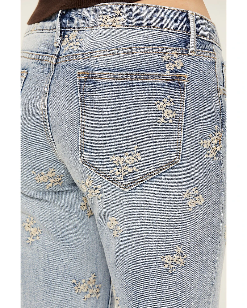 Driftwood Women's Eva Light Wash Low Rise Floral Flare Jeans