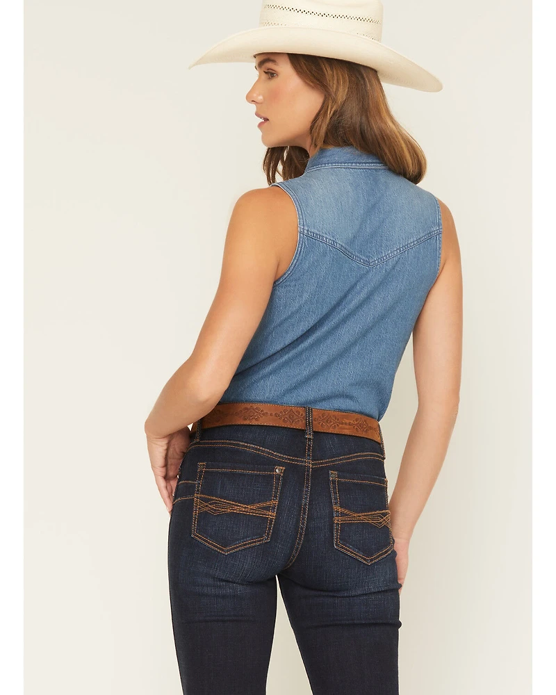 Shyanne Women's Medium Wash Sleeveless Button-Down Denim Shirt