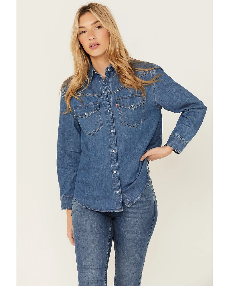 Levi's Women's Dark Medium Wash Sawyer Western Denim Studded Shirt