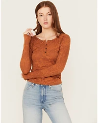 Shyanne Women's Long Sleeve Southwest Burnout Print Henley Shirt