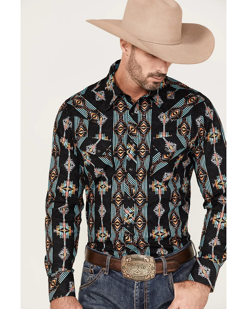 Rock & Roll Denim Men's Vertical Southwestern Print Long Sleeve Snap Western Shirt