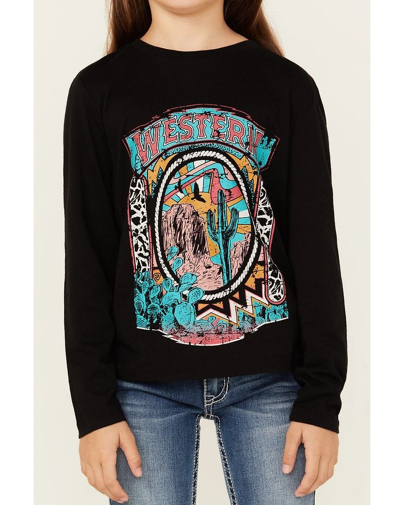 Rock & Roll Denim Girls' Western Cactus Long Sleeve Graphic Tee