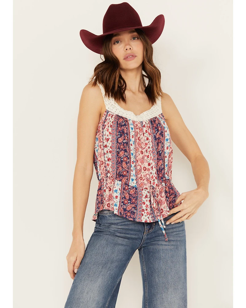 Wild Moss Women's Print Peplum Crochet Trim Top