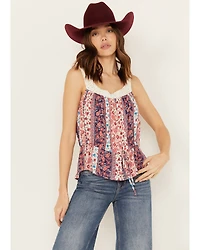 Wild Moss Women's Print Peplum Crochet Trim Top