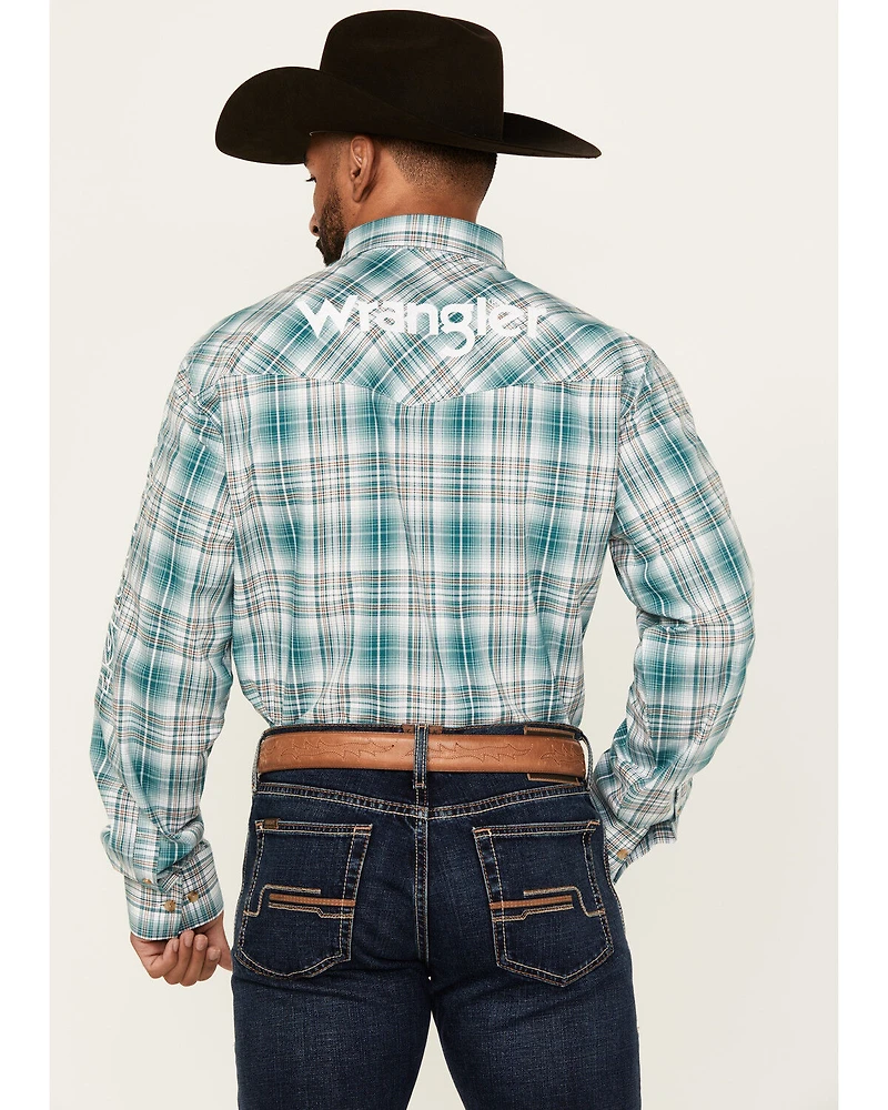 Wrangler Men's Plaid Print Logo Long Sleeve Button-Down Western Shirt