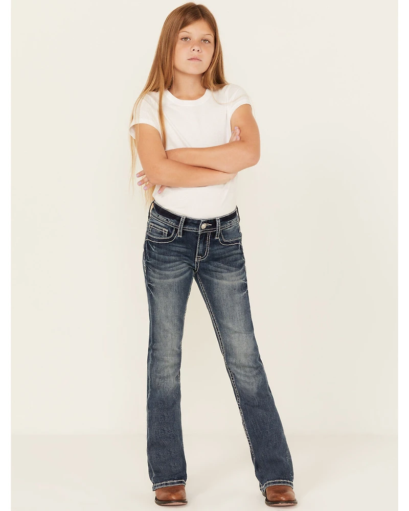 Grace LA Girls' Chevron Embroidered Medium Wash Bootcut Stretch Denim Jeans