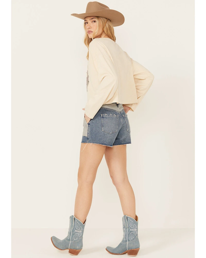 Cleo + Wolf Women's Helena Medium Wash Patch Pockets High Rise Denim Shorts