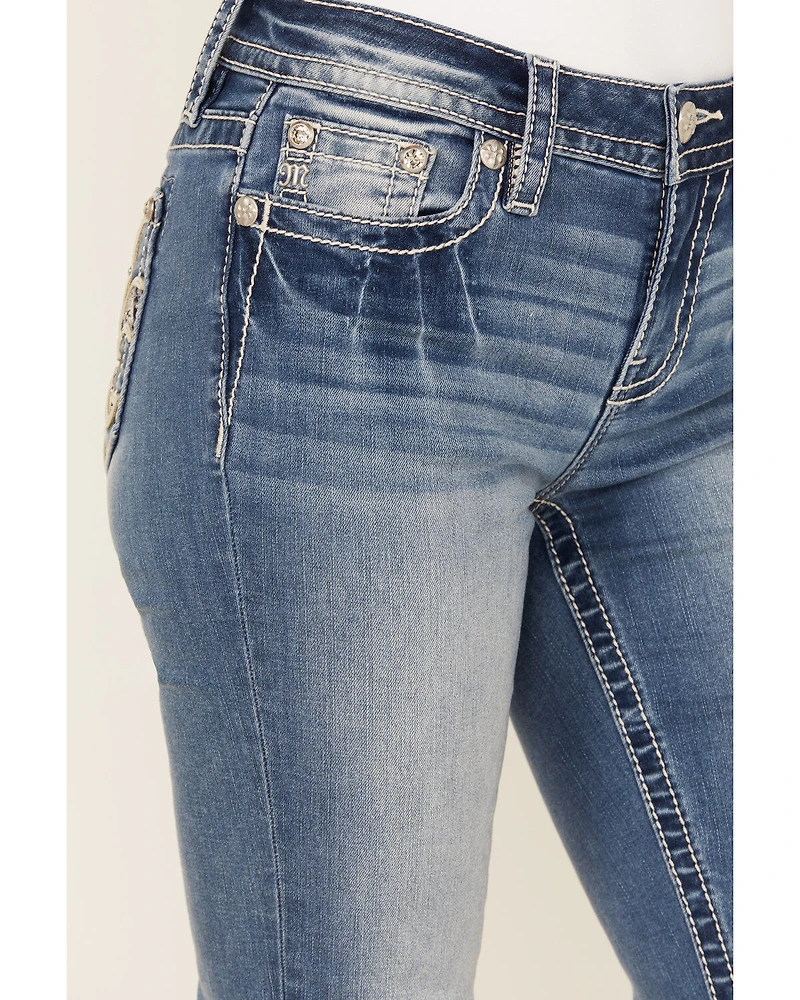 Miss Me Women's Fleur de Lis Medium Wash Mid Rise 32" Bootcut Stretch Denim Jeans