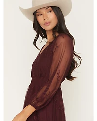 Shyanne Women's Hillside Floral Embroidered Long Sleeve Button-Down Mesh Midi Dress
