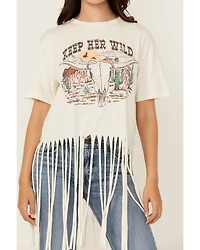 Rock & Roll Denim Women's Keep Her Wild Short Sleeve Fringe Graphic Tee