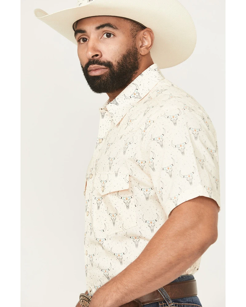 Rock & Roll Denim Men's Dale Drisby Longhorn Print Short Sleeve Snap Stretch Western Shirt
