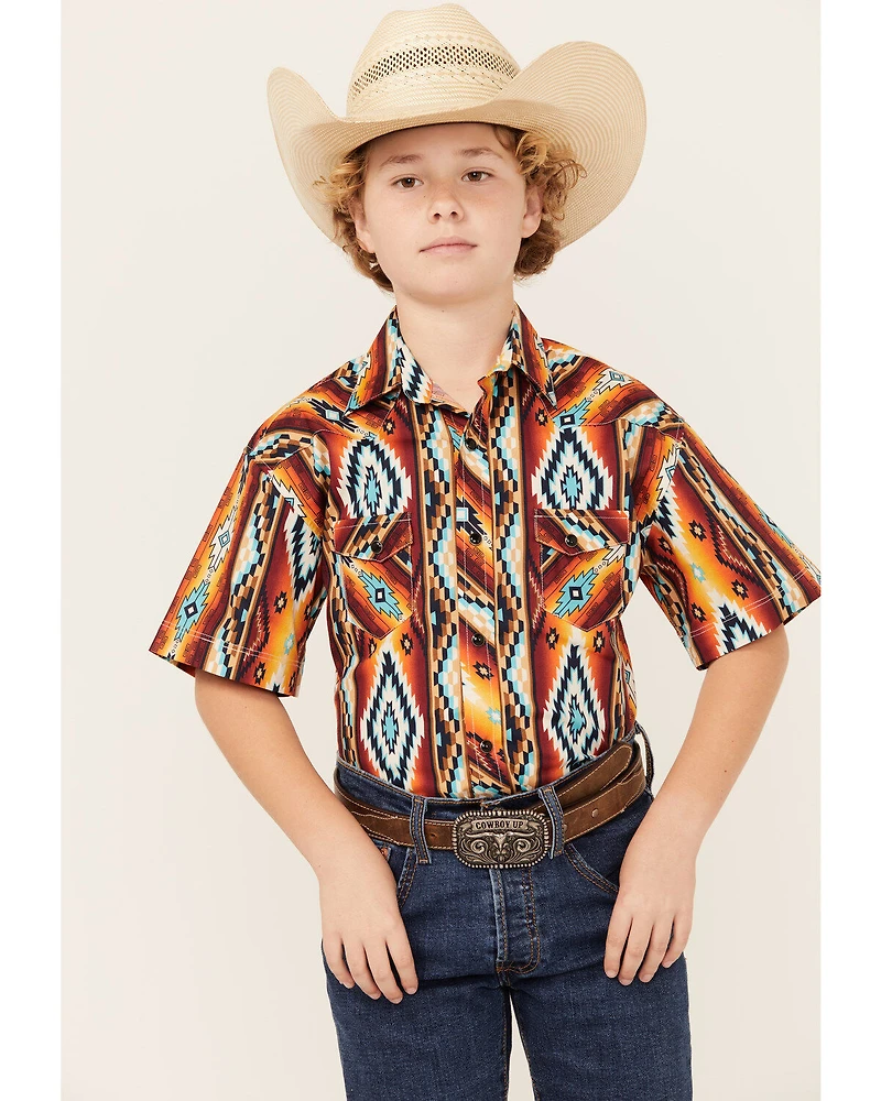 Rock & Roll Denim Boys' Southwestern Print Short Sleeve Snap Stretch Western Shirt