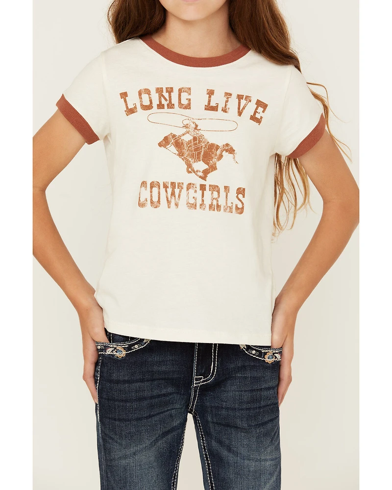 Shyanne Girls' Long Live Cowgirls Short Sleeve Graphic Ringer Tee