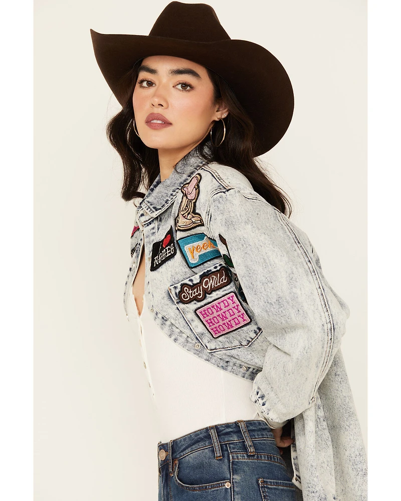 Blue B Women's Western Patchwork Snap Denim Shacket