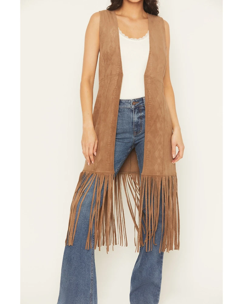 Shyanne Women's Embossed Southwestern Print Fringe Faux Suede Vest