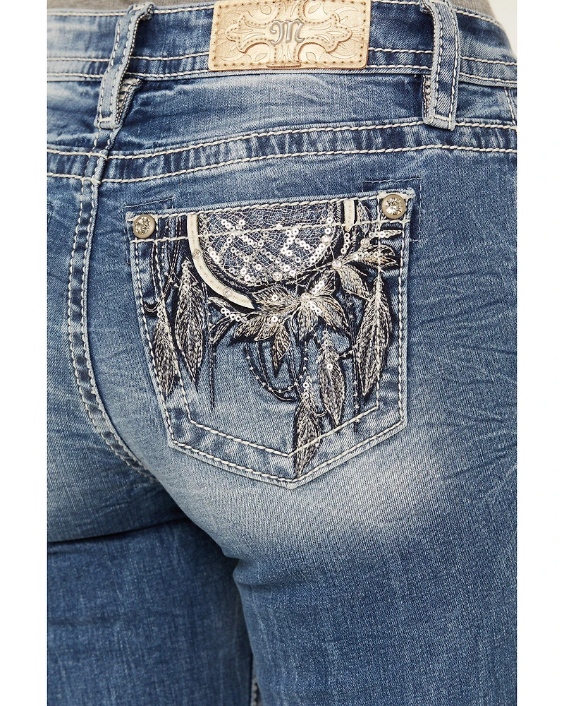 Miss Me Women's Light Wash Mid Rise Dreamcatcher Pocket Bootcut Stretch Denim Jeans