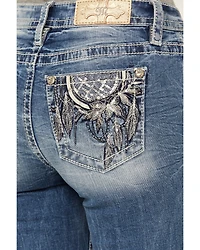 Miss Me Women's Light Wash Mid Rise Dreamcatcher Pocket Bootcut Stretch Denim Jeans