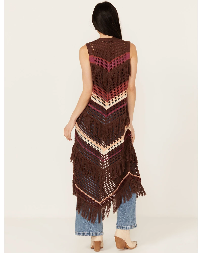 Shyanne Women's Long Striped Crochet Fringe Sweater Vest