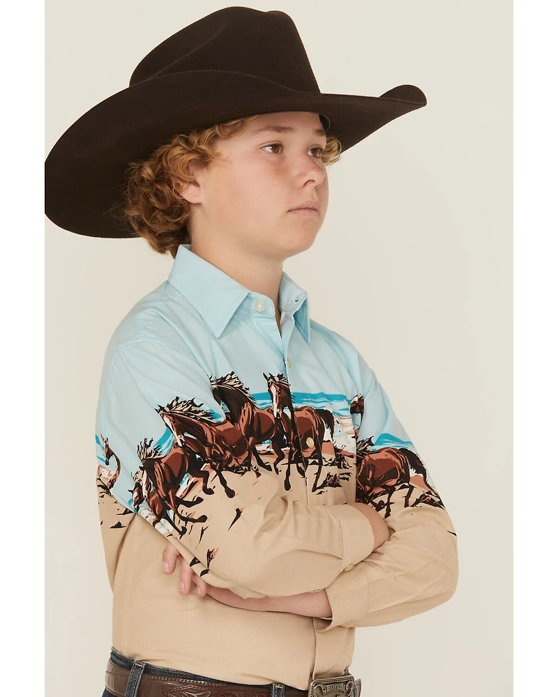 Panhandle Slim Boys' Horses And Beach Border Long Sleeve Snap Western Shirt
