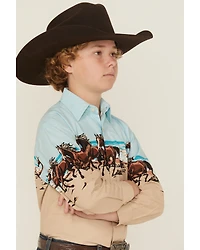 Panhandle Slim Boys' Horses And Beach Border Long Sleeve Snap Western Shirt