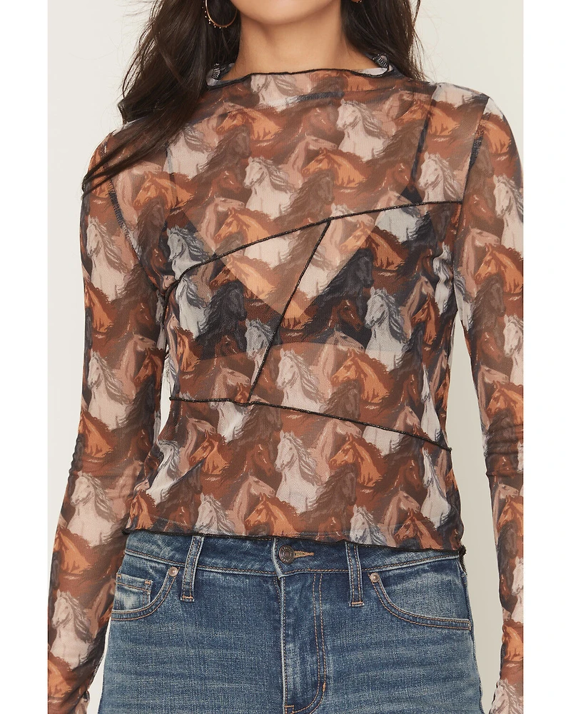 Rock & Roll Denim Women's Horse Print Long Sleeve Mesh Top