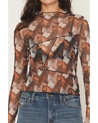 Rock & Roll Denim Women's Horse Print Long Sleeve Mesh Top