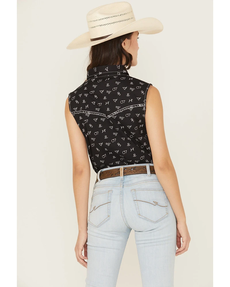 Cowgirl Hardware Women's Branded Print Sleeveless Rhinestone Snap Stretch Western Shirt