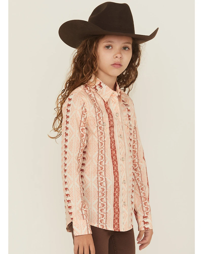 Wrangler Girls' Horse Striped Print Long Sleeve Snap Western Shirt