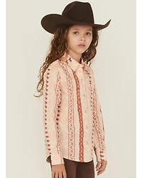 Wrangler Girls' Horse Striped Print Long Sleeve Snap Western Shirt