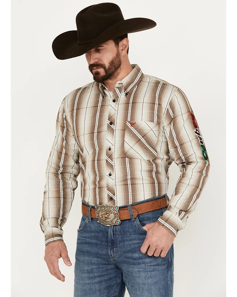 Cowboy Hardware Men's Mexico Gradient Plaid Print Long Sleeve Button Down Western Shirt