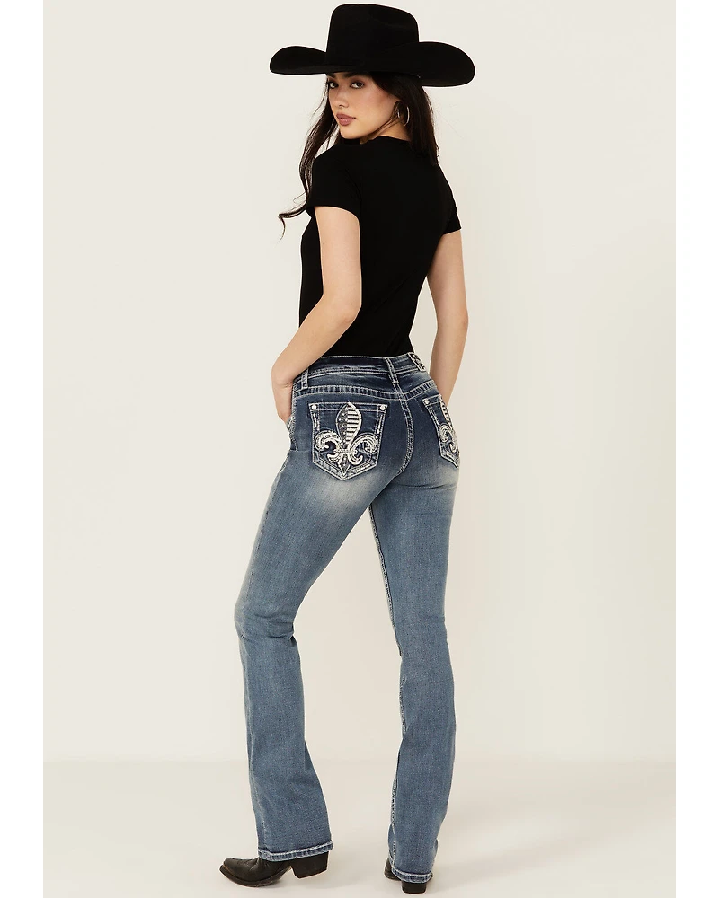 Grace LA Women's Medium Wash Americana Fleur De Lis Mid Rise Bootcut Stretch Denim Jeans