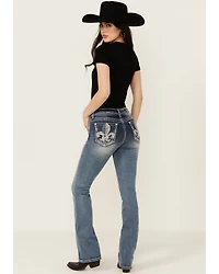 Grace LA Women's Medium Wash Americana Fleur De Lis Mid Rise Bootcut Stretch Denim Jeans
