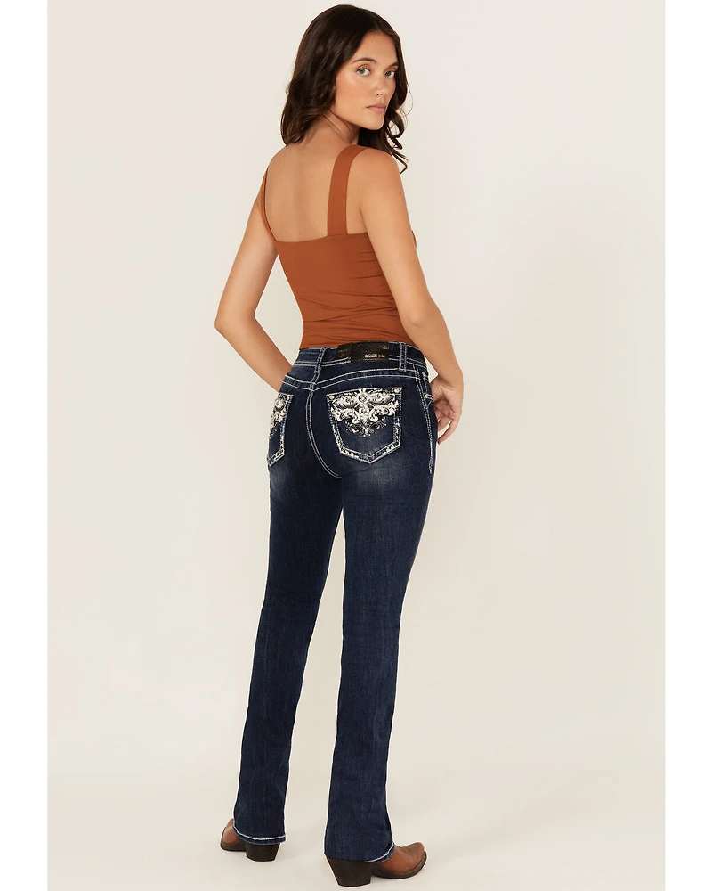 Grace LA Women's Dark Wash Embellished Mid Rise Bootcut Stretch Denim Jeans