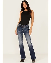 Miss Me Women's Dark Wash Mid Rise Steer Head Pocket 32" Bootcut Stretch Denim Jeans