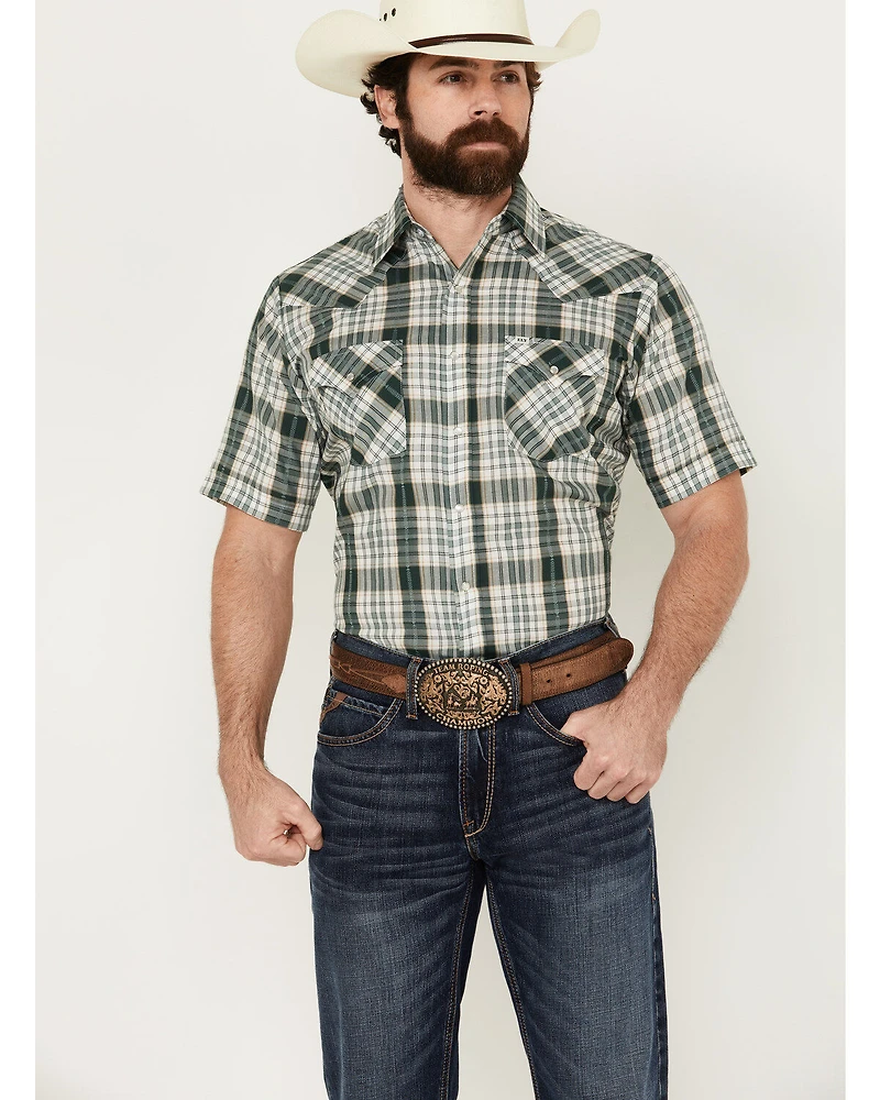 Ely Walker Men's Dobby Plaid Print Short Sleeve Snap Western Shirt