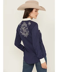 Panhandle Women's Retro Floral & Horse Embroidered Long Sleeve Pearl Snap Western Shirt