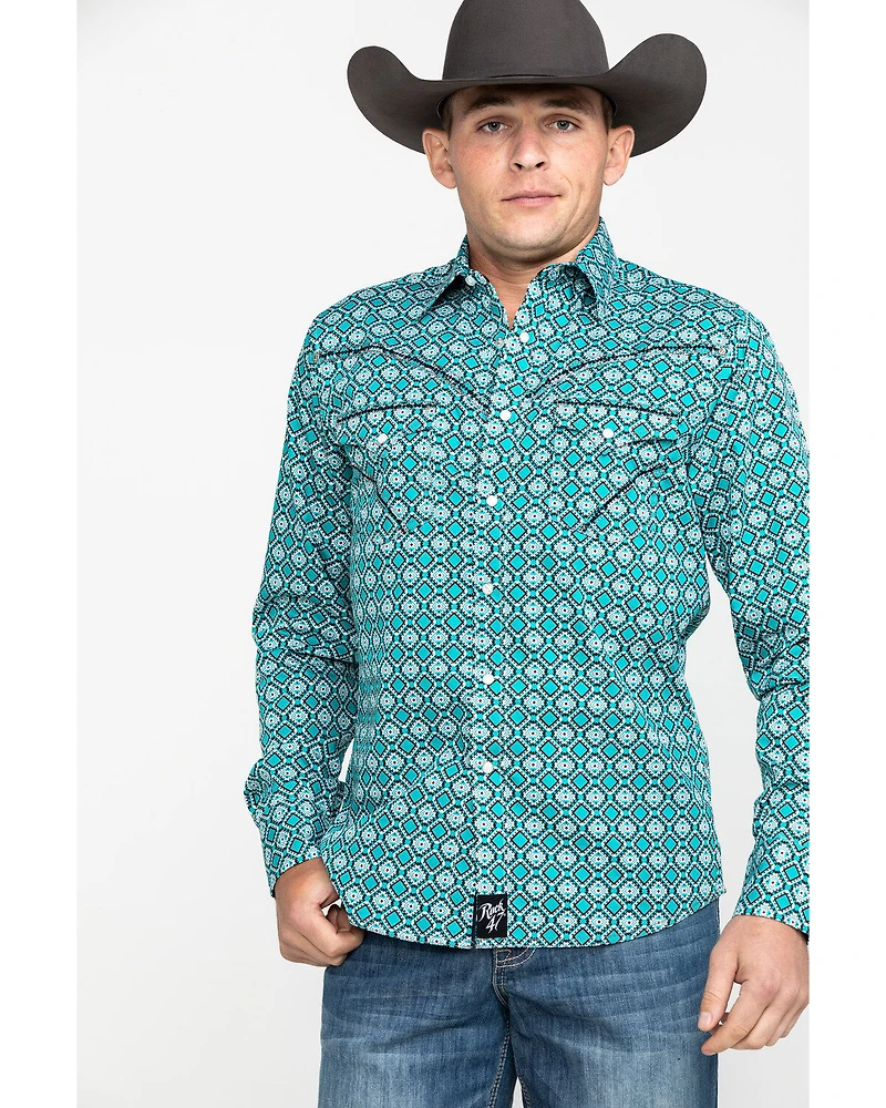 Rock 47 By Wrangler Men's Teal Geo Print Long Sleeve Western Shirt